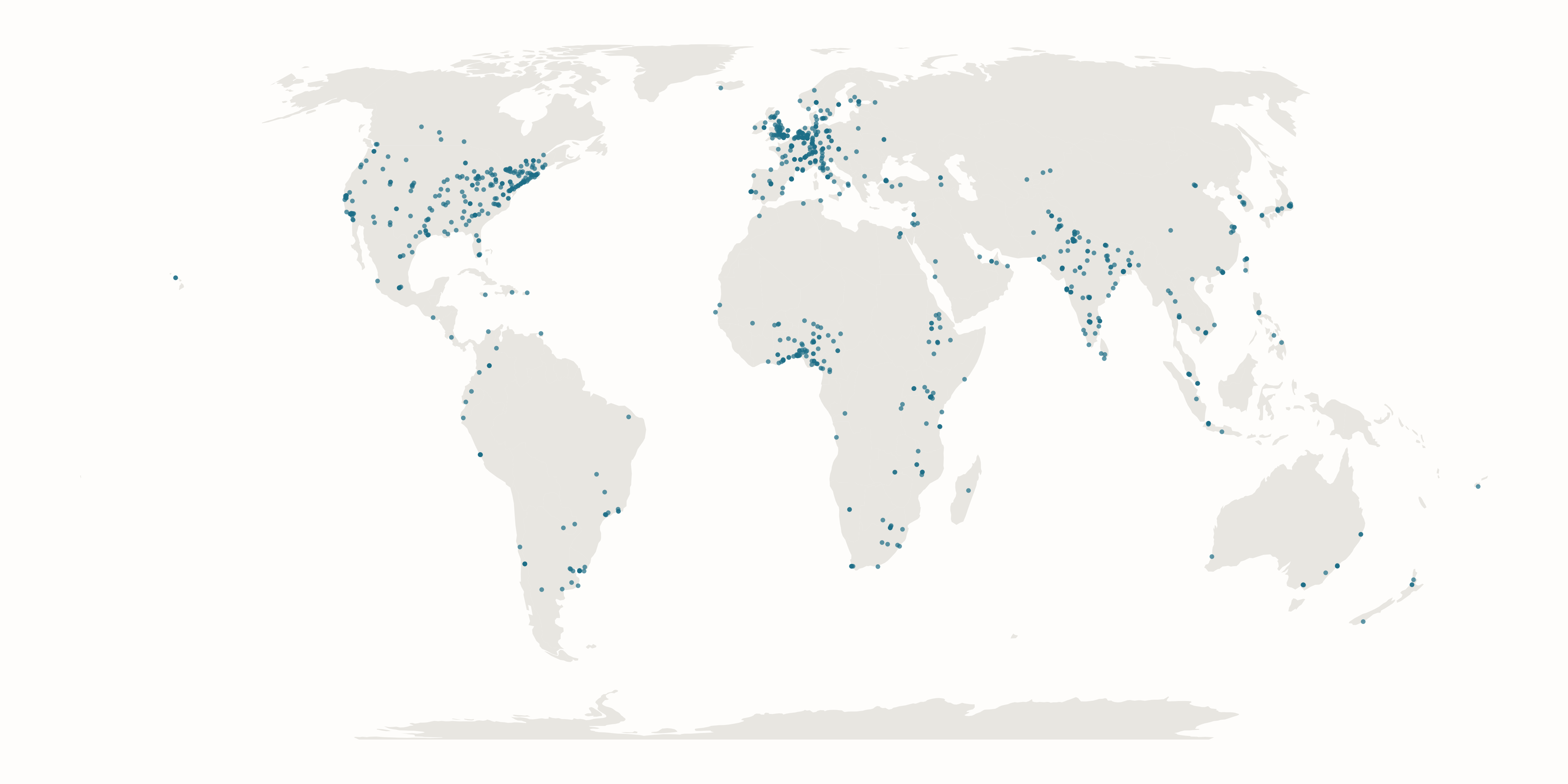 World map with dots at IDEA community institution locations